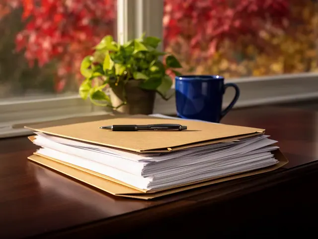 Stack of paper documents in kraft folders on a dark wooden desk with a pen, blue mug and pothos by a window
